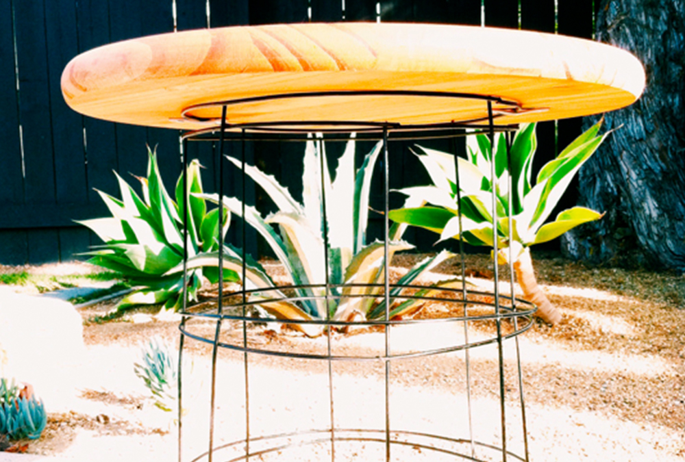 wood table in front of plants