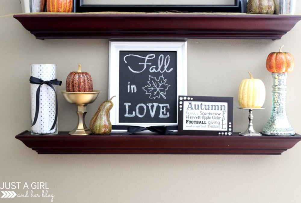 framed chalkboard and pumpkin decor