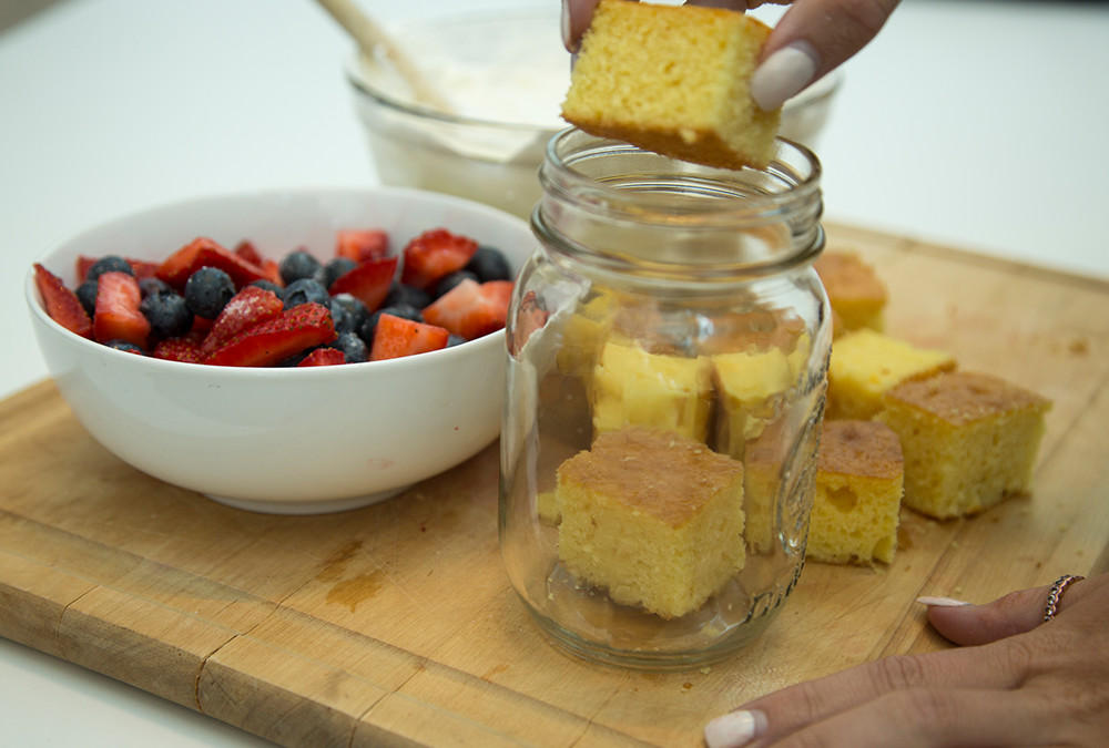 cake being put in jar