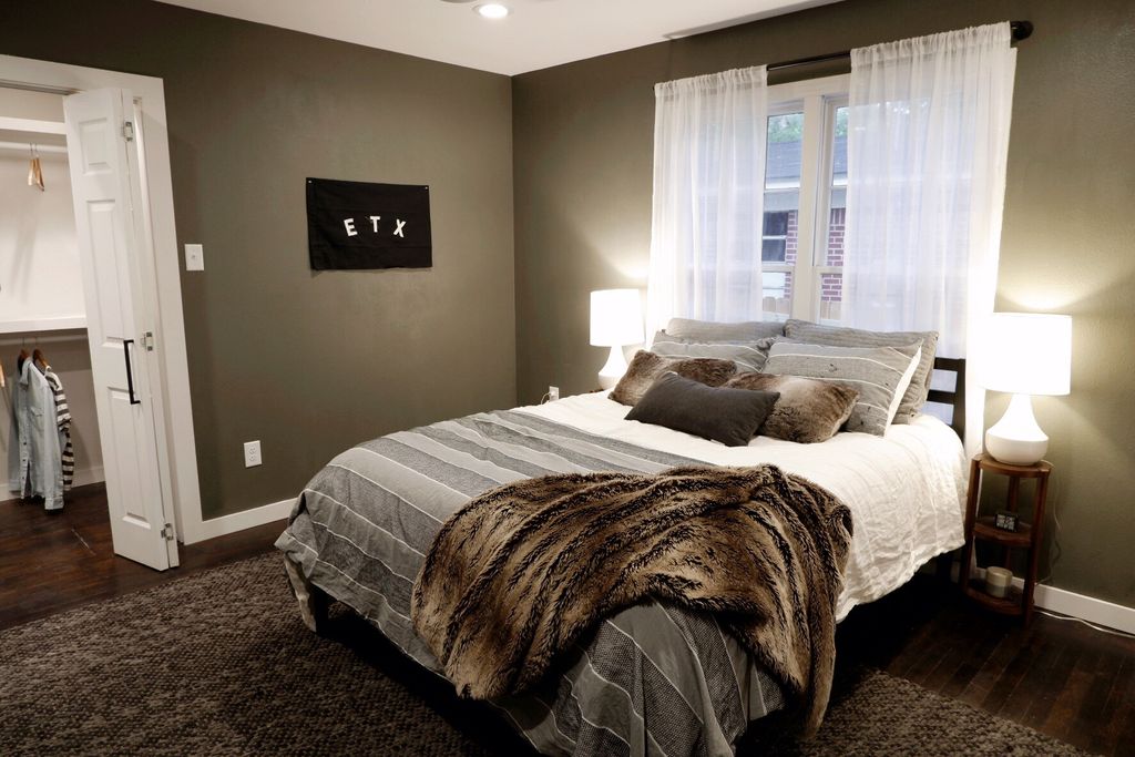 cozy bedroom greenish gray walls