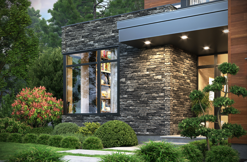 modern house corner window stone siding