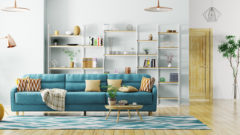 colorful living room with large bookshelf