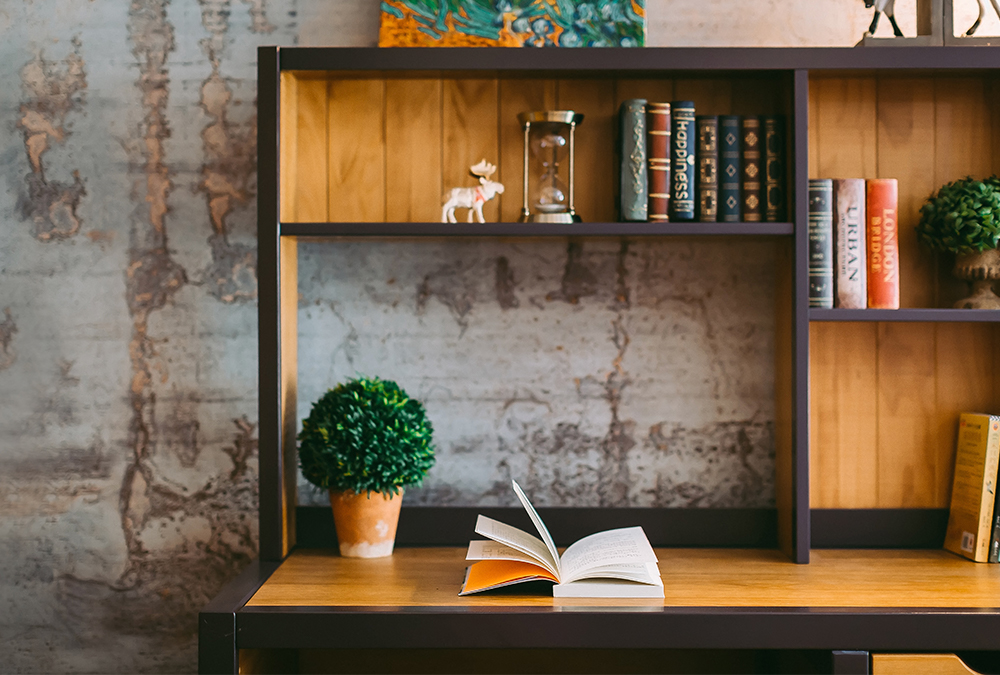 wood desk with plant