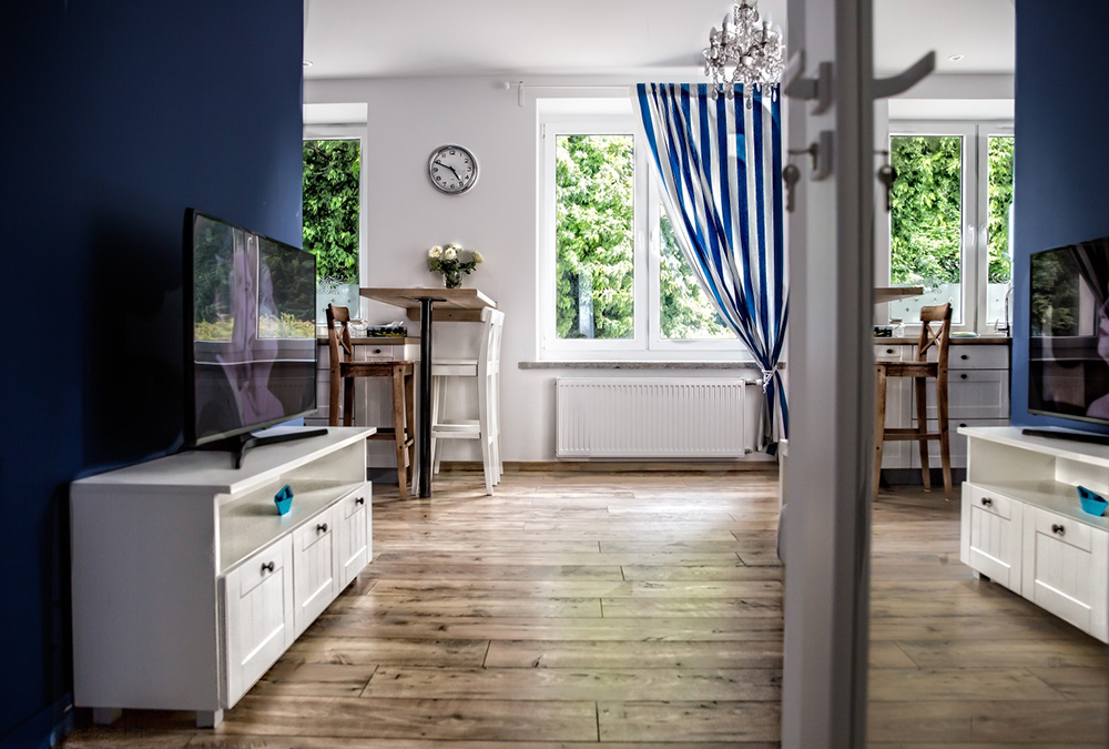 dark blue and white living area