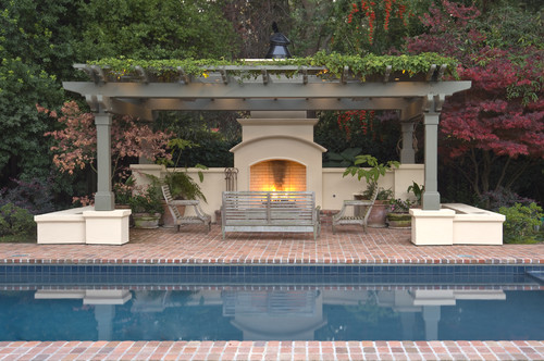 Fireplace by pool
